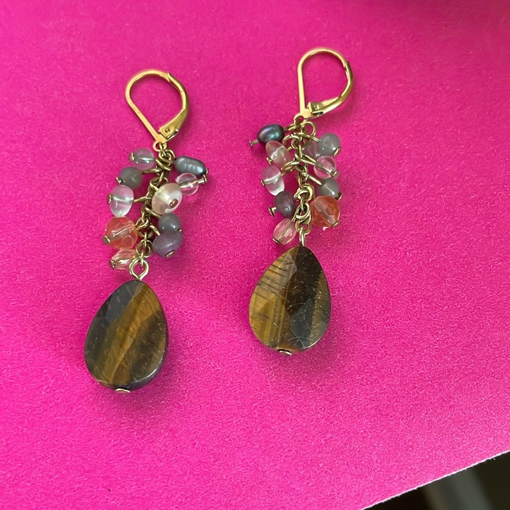 Avon Genuine Tiger's Eye Accented Chandelier Pierced Earrings‎